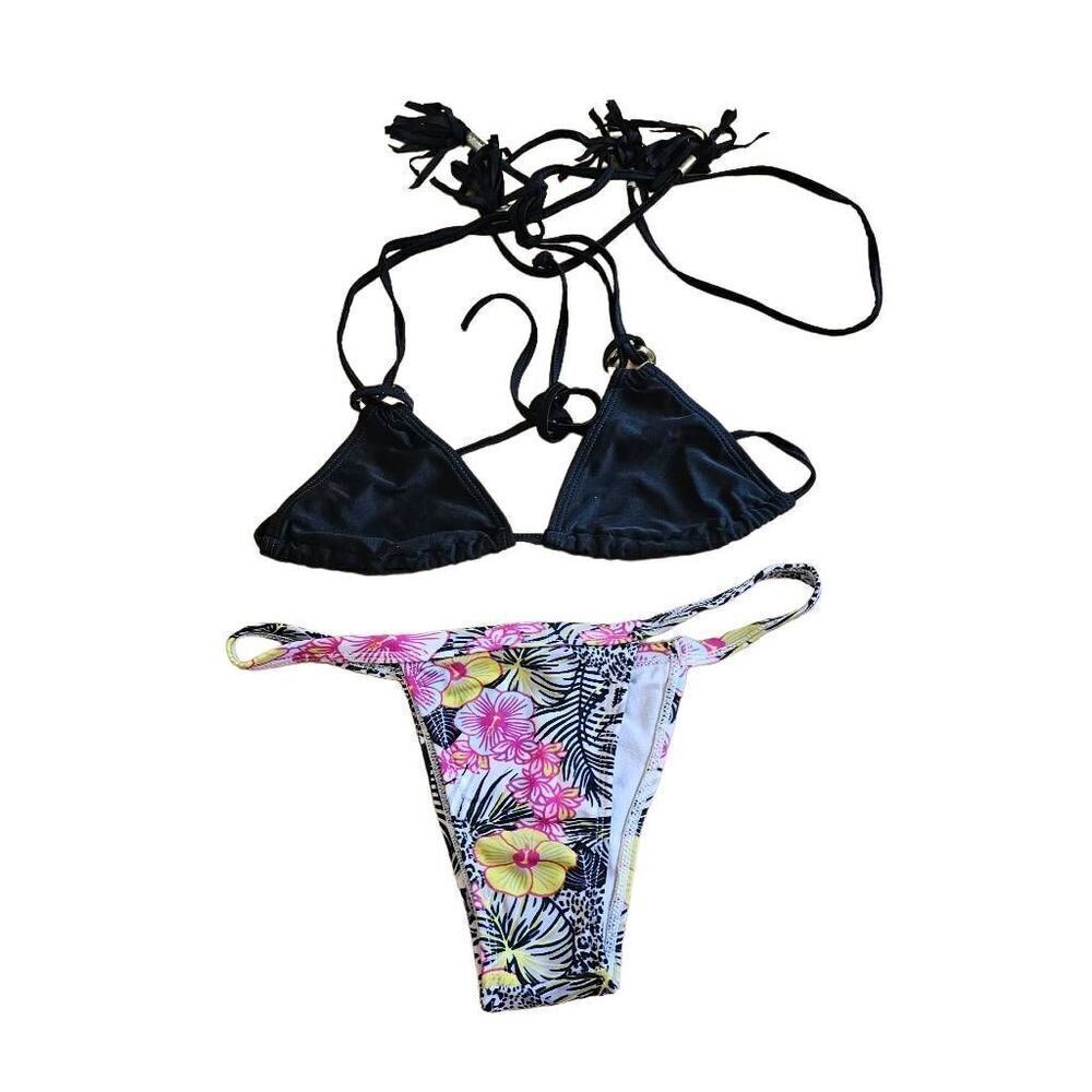 2 pc bikini set Sz Small black floral multicolor triangle cheeky